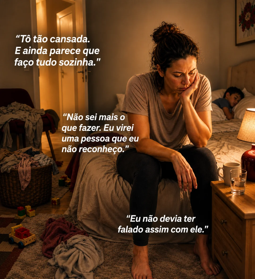 Mãe pensativa no quarto à noite, com o filho dormindo ao fundo